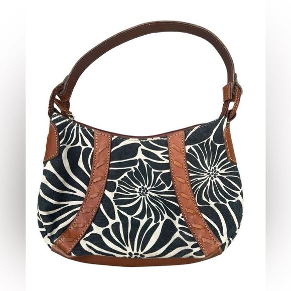 FOSSIL Black Cream Print Linen Canvas Leather Strap Hobo Shoulder Bag - Picture 2 of 7